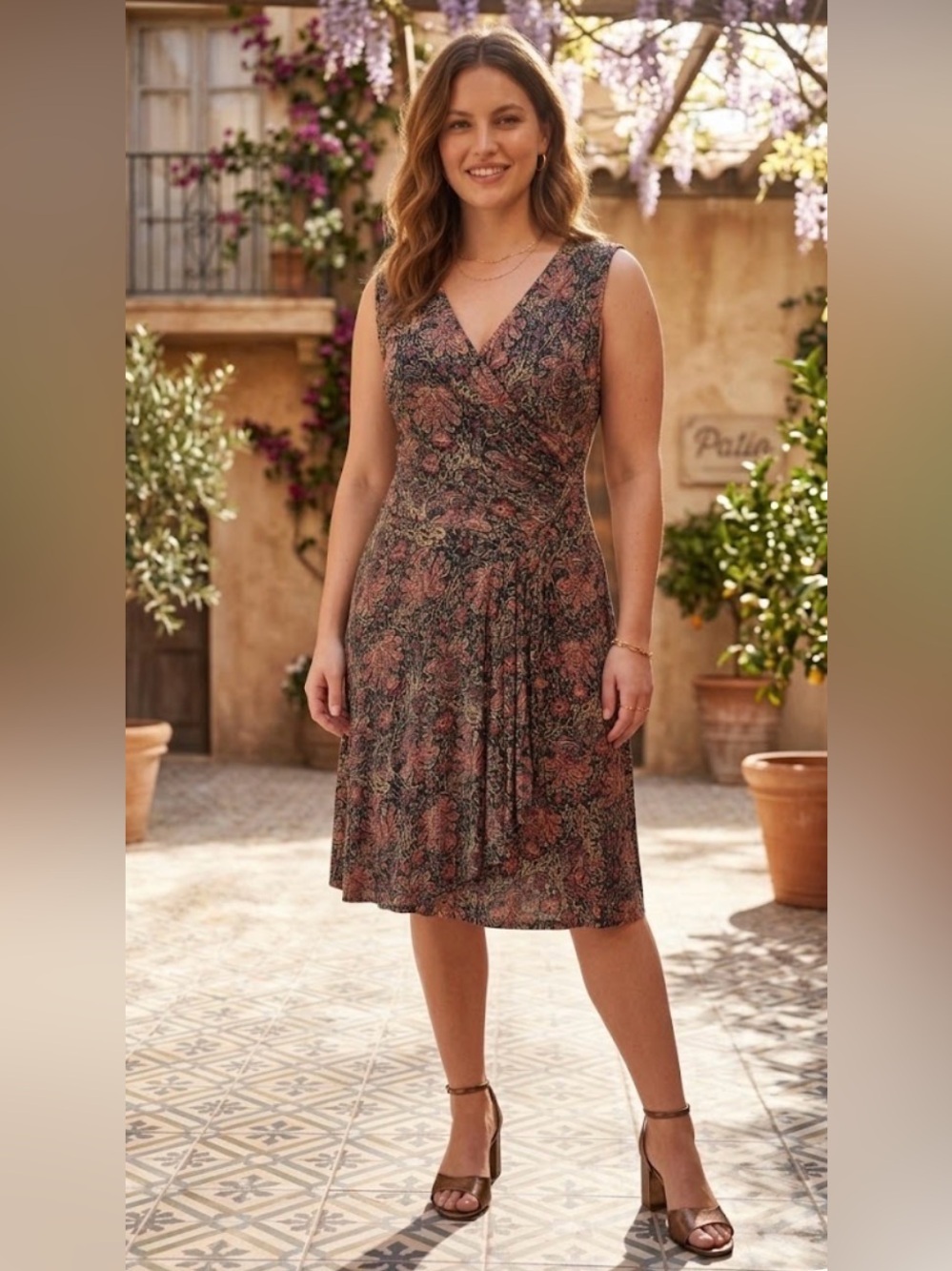 Lauren Ralph Lauren Sleeveless Paisley Faux-Wrap V-Neck Jersey Dress - Sz PM